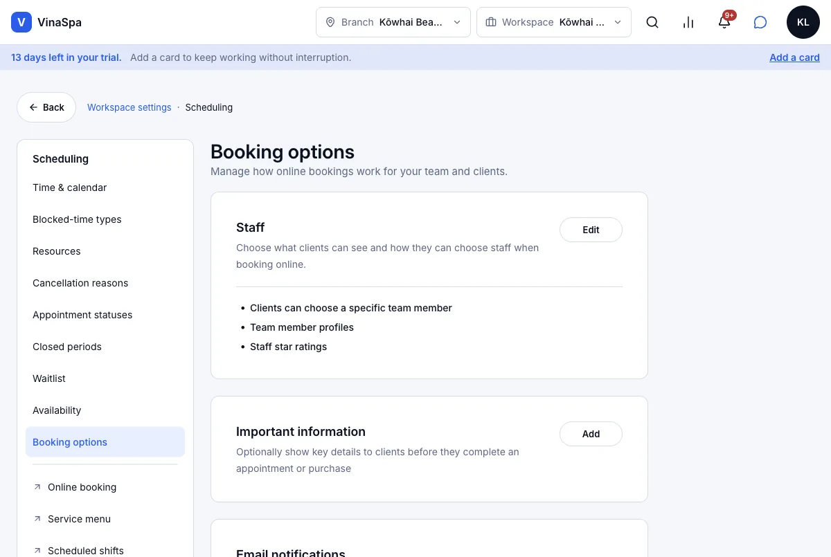 Pick a staff member, or "anyone available" — Booking options — the three staff switches — Computer