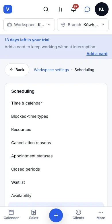 Pick a staff member, or "anyone available" — Booking options — the three staff switches — Phone