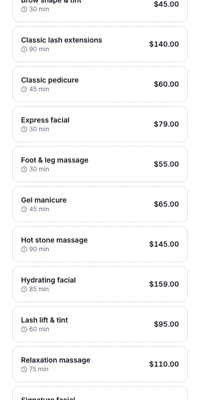 Shows only the services the salon allows online — Result — the menu goes from Gel manicure straight to Hot stone massage — Phone