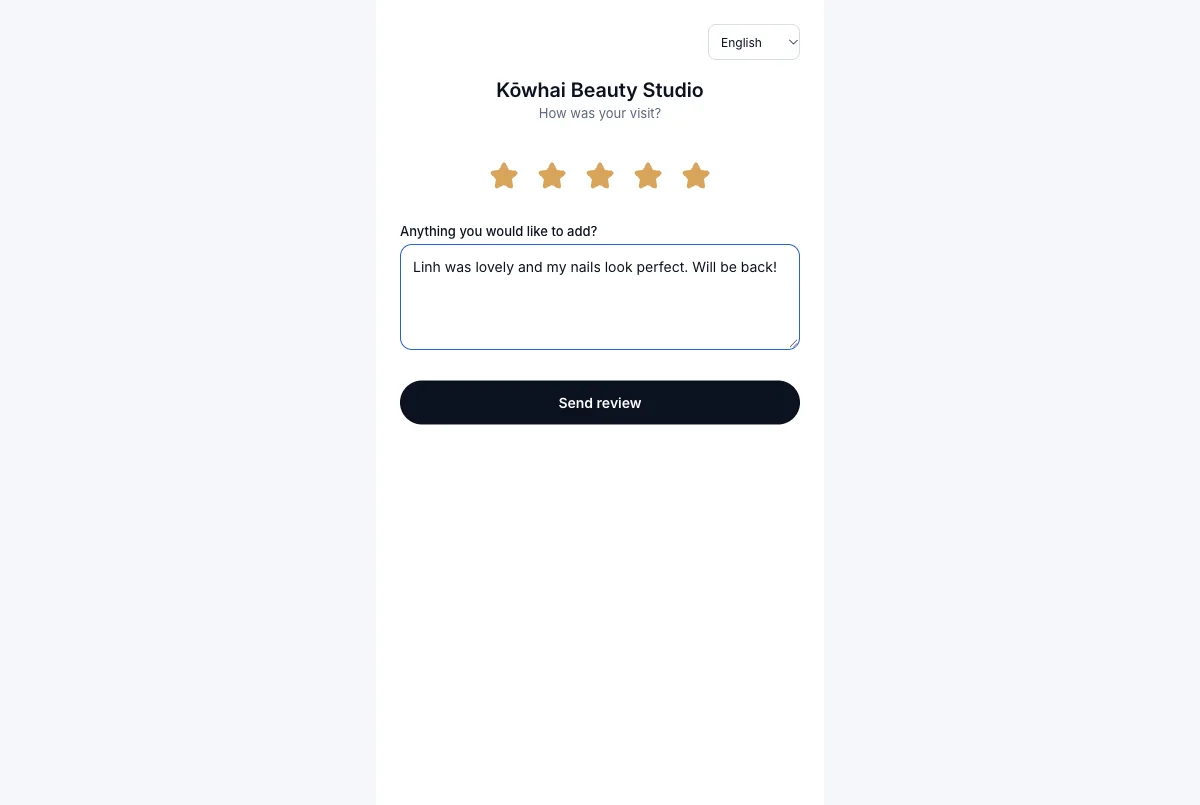 A review page a client can open once — Mia Thompson gives five stars — Computer