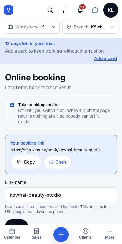 The salon's own booking page — Booking settings — switched on, with the salon's link — Phone