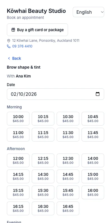 Pick a staff member, or "anyone available" — Ana Kim's free times on Friday 2 October — Phone