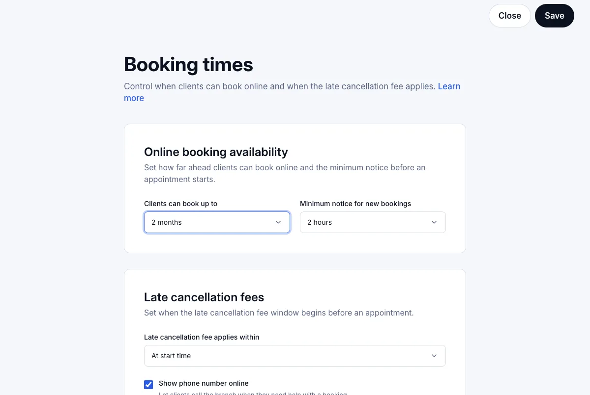 Limits on booking too soon and too far ahead — Booking times — 2 months ahead, 2 hours' notice — Computer