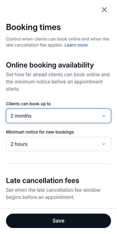 Limits on booking too soon and too far ahead — Booking times — 2 months ahead, 2 hours' notice — Phone