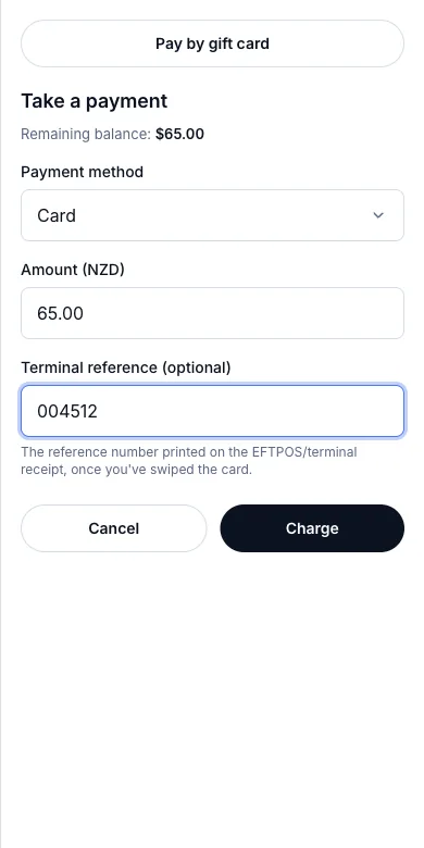 Card payment through Windcave — Card, $65.00, terminal slip 004512 — Phone