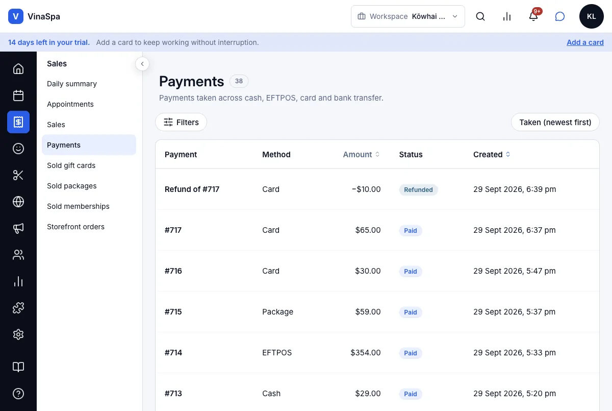 The payment ledger is append-only, never edited — Refund of #717 as its own row — Computer