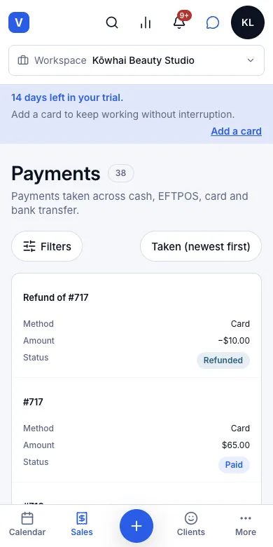 The payment ledger is append-only, never edited — Refund of #717 as its own row — Phone