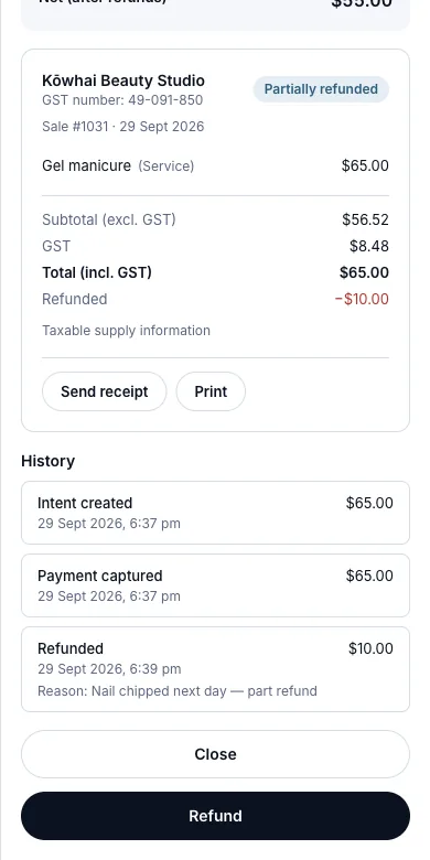 Partial or full refunds — Result — net $55.00, the refund in the history — Phone