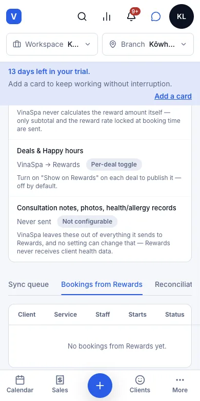 Take bookings from the VinaRewards app — Bookings from Rewards — none yet — Phone
