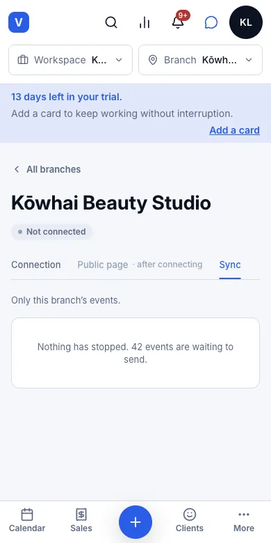Clients get cashback and the salon pays no monthly fee — One branch's Sync tab — Phone