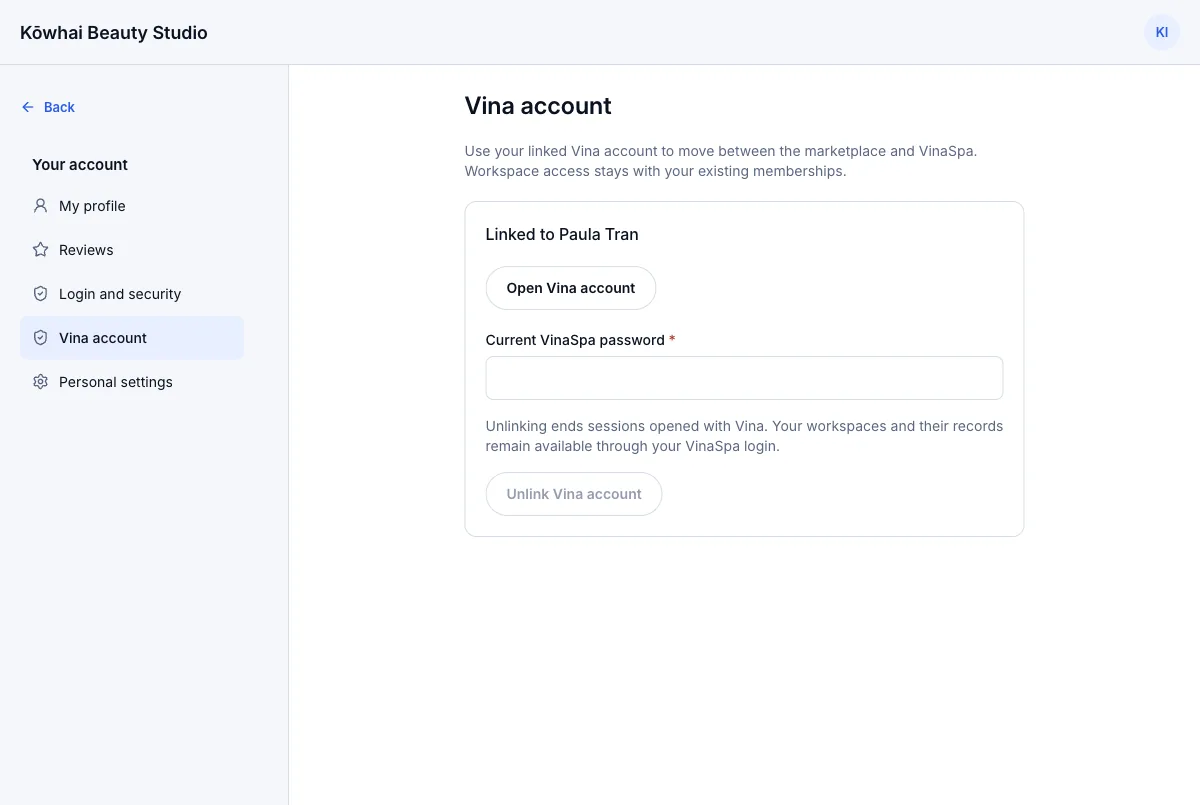 Take bookings from the VinaRewards app — Vina account — linked to Paula Tran — Computer