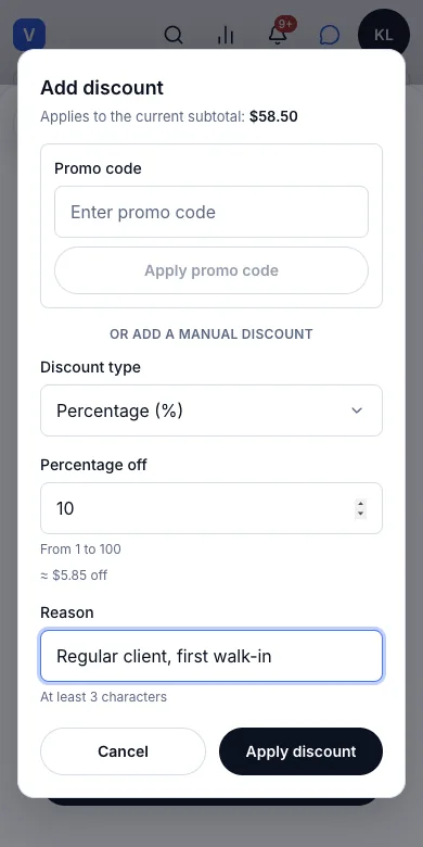 Discounts, permission-controlled and requiring a reason — 10% off, with the reason — Phone