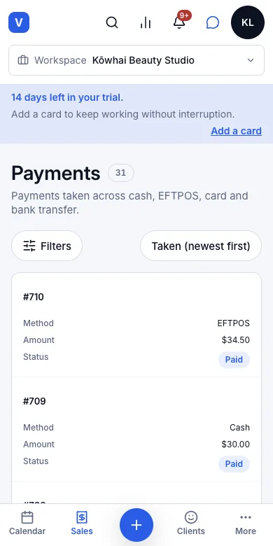 Counter sales, split across several payment methods — Payments — the cash part and the EFTPOS part as two rows — Phone