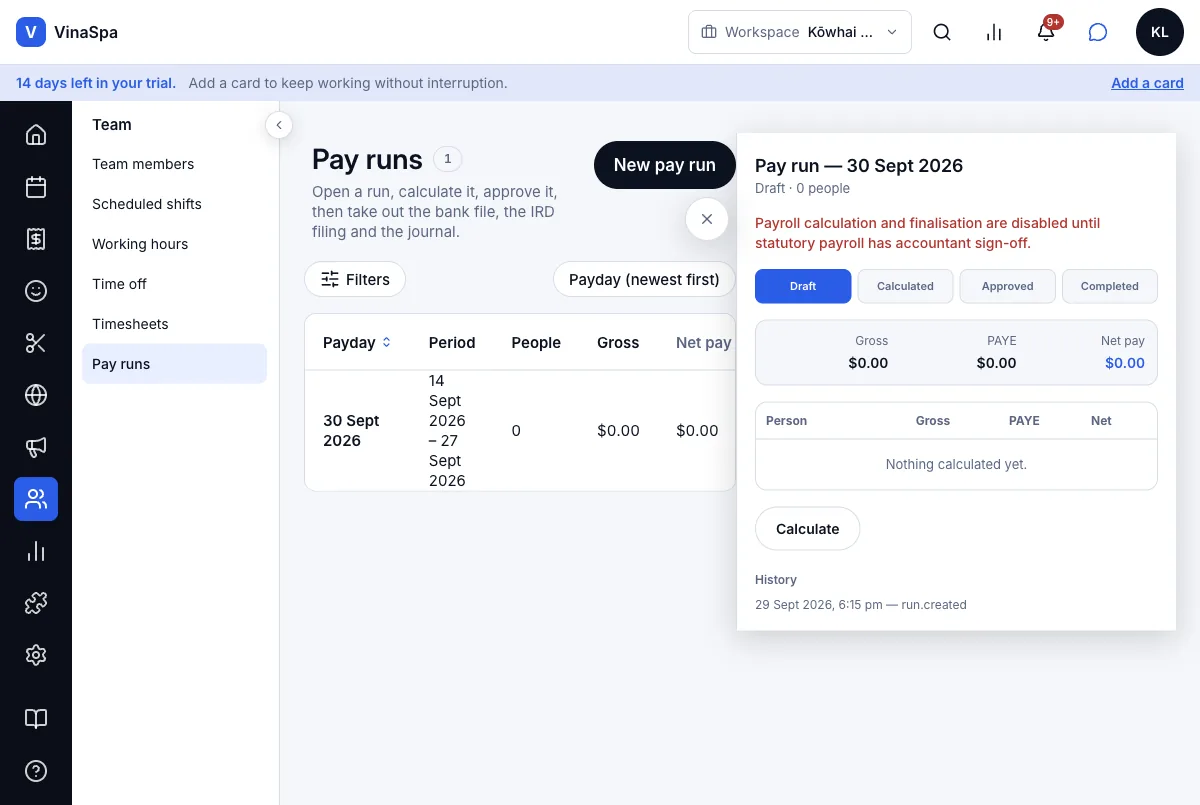 Staff commission and payroll (partly) — Result — a draft run; Calculate is switched off for now — Computer