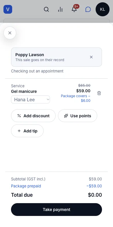 Sell prepaid packages and spend them at the till — Covered — total due $0.00 — Phone
