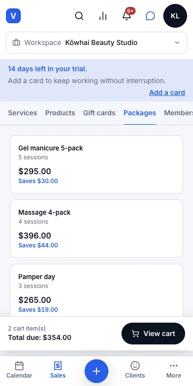 Sell prepaid packages and spend them at the till — The Packages tab — Gel manicure 5-pack, $295, saves $30 — Phone