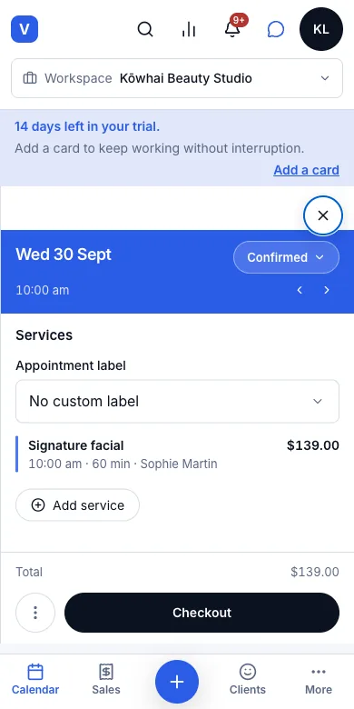 Book, reschedule and cancel appointments — Result — the booking, Confirmed, ready for Checkout — Phone