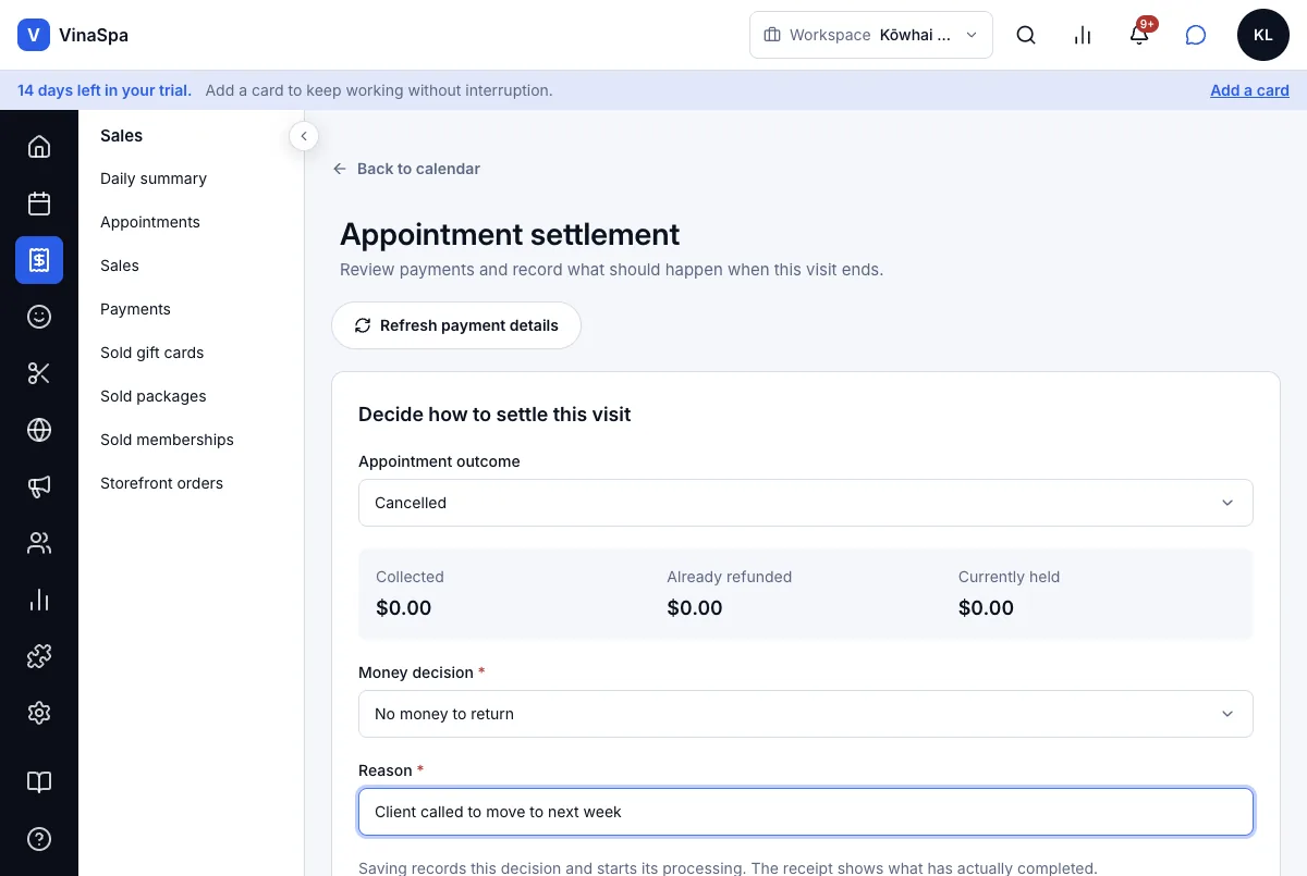 Book, reschedule and cancel appointments — Step 3–4 — Appointment settlement — Computer