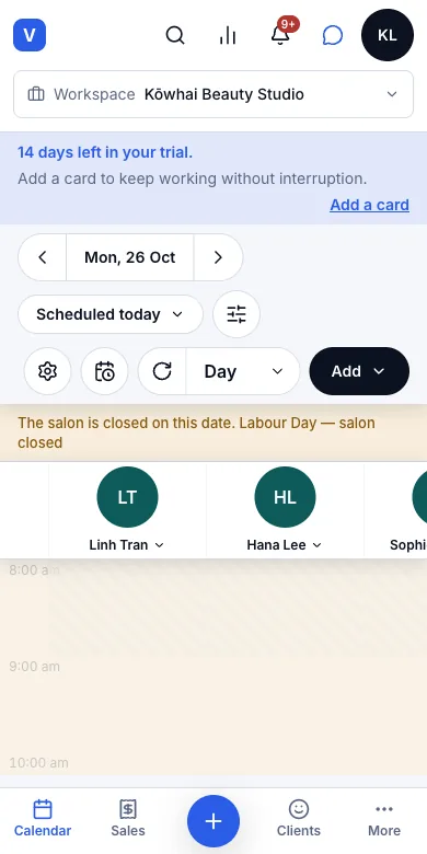 Weekly rosters and salon closing days — Result — the calendar on 26 October — Phone
