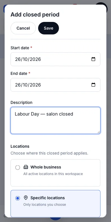 Weekly rosters and salon closing days — Labour Day, 26 October — Phone