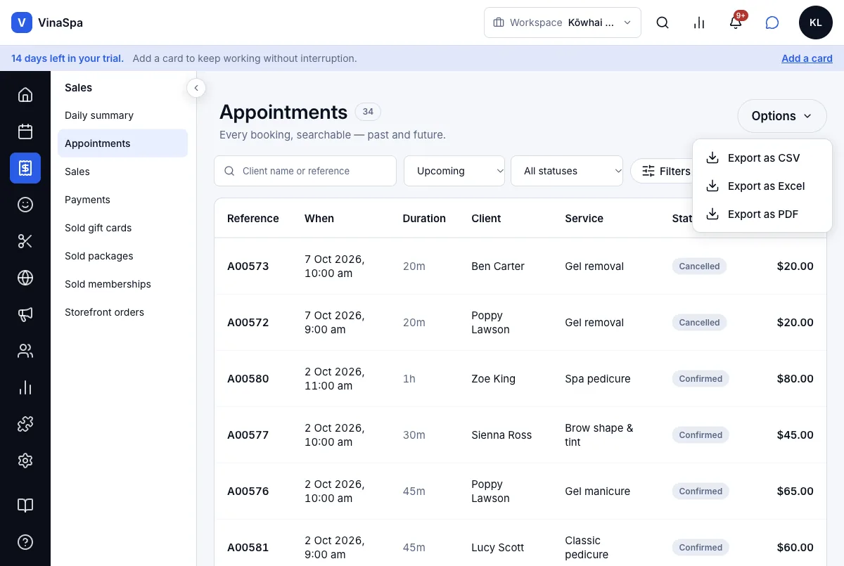 Export the appointment list to CSV — Options — Export as CSV, Excel or PDF — Computer