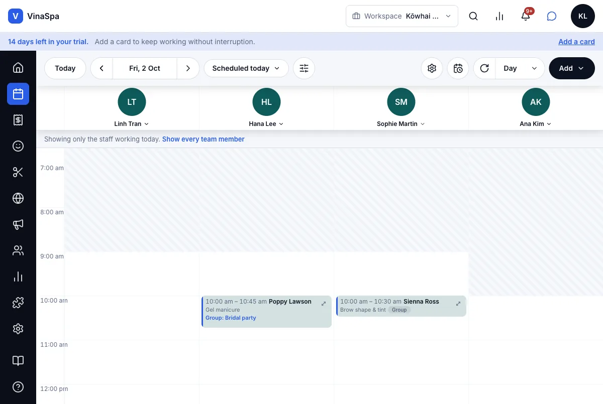 Group bookings (several clients, one time slot) — Result — both at 10:00 am, tagged Group: Bridal party — Computer