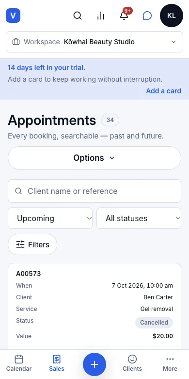 Searchable appointment list with reference codes — Upcoming bookings — Phone