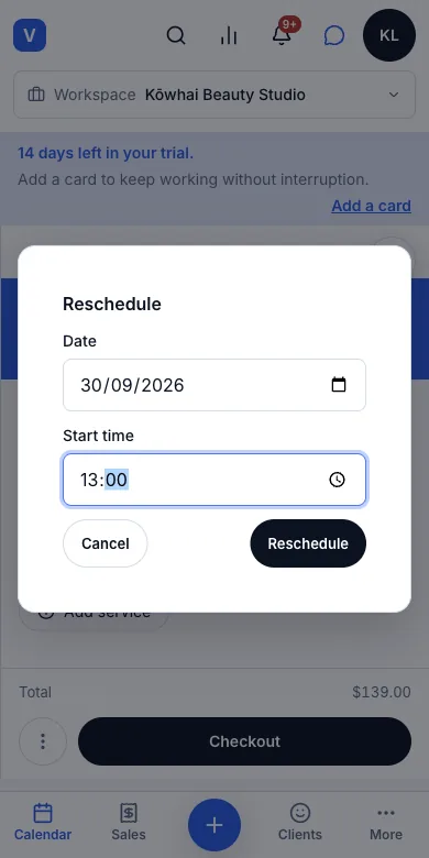 Book, reschedule and cancel appointments — Reschedule — new start time 1:00 pm — Phone