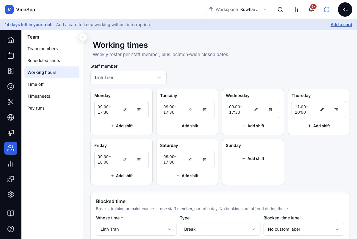 Weekly rosters and salon closing days — Linh's week — Computer