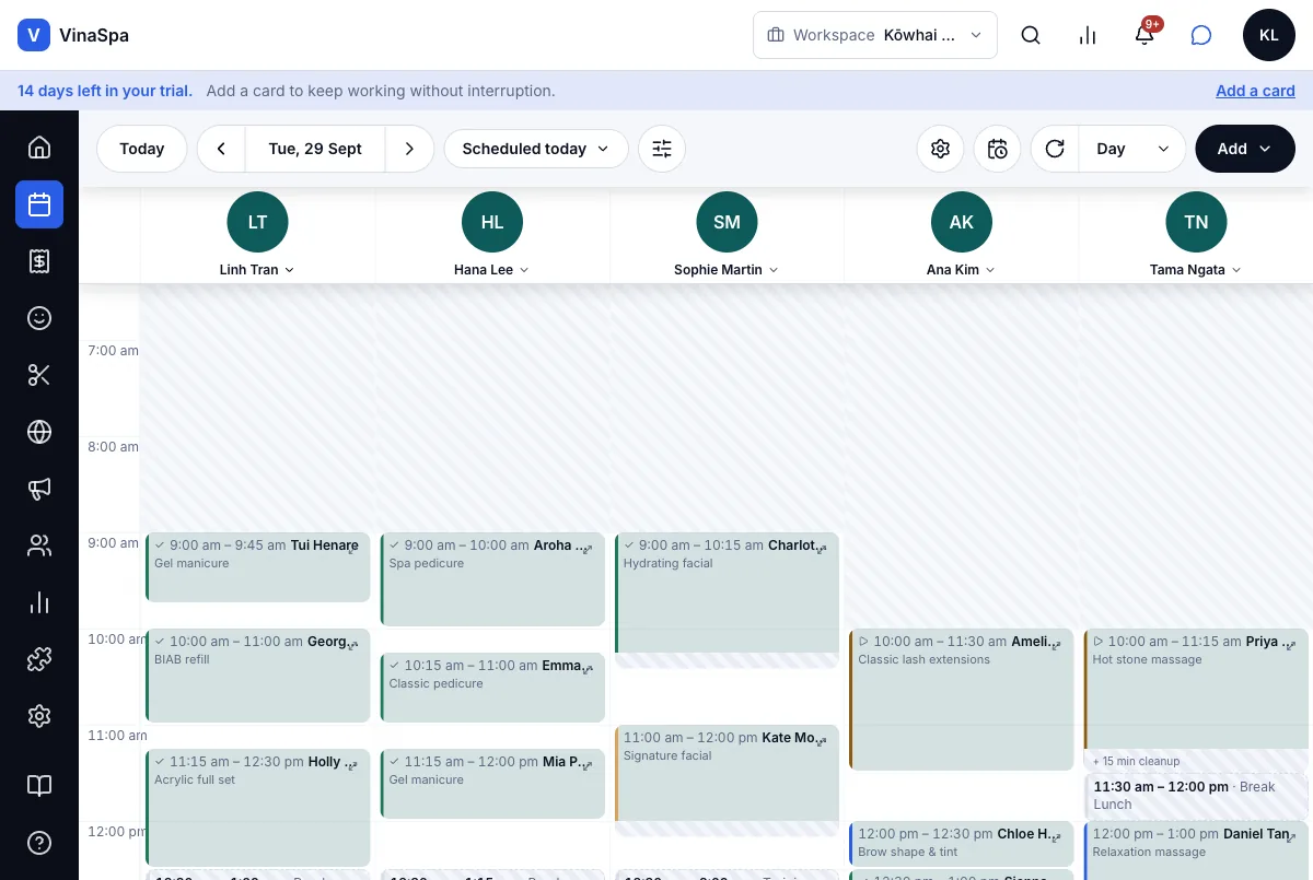 Visit status: arrived, started, finished, no-show — Result — completed (✓) and started (▷) on the calendar — Computer