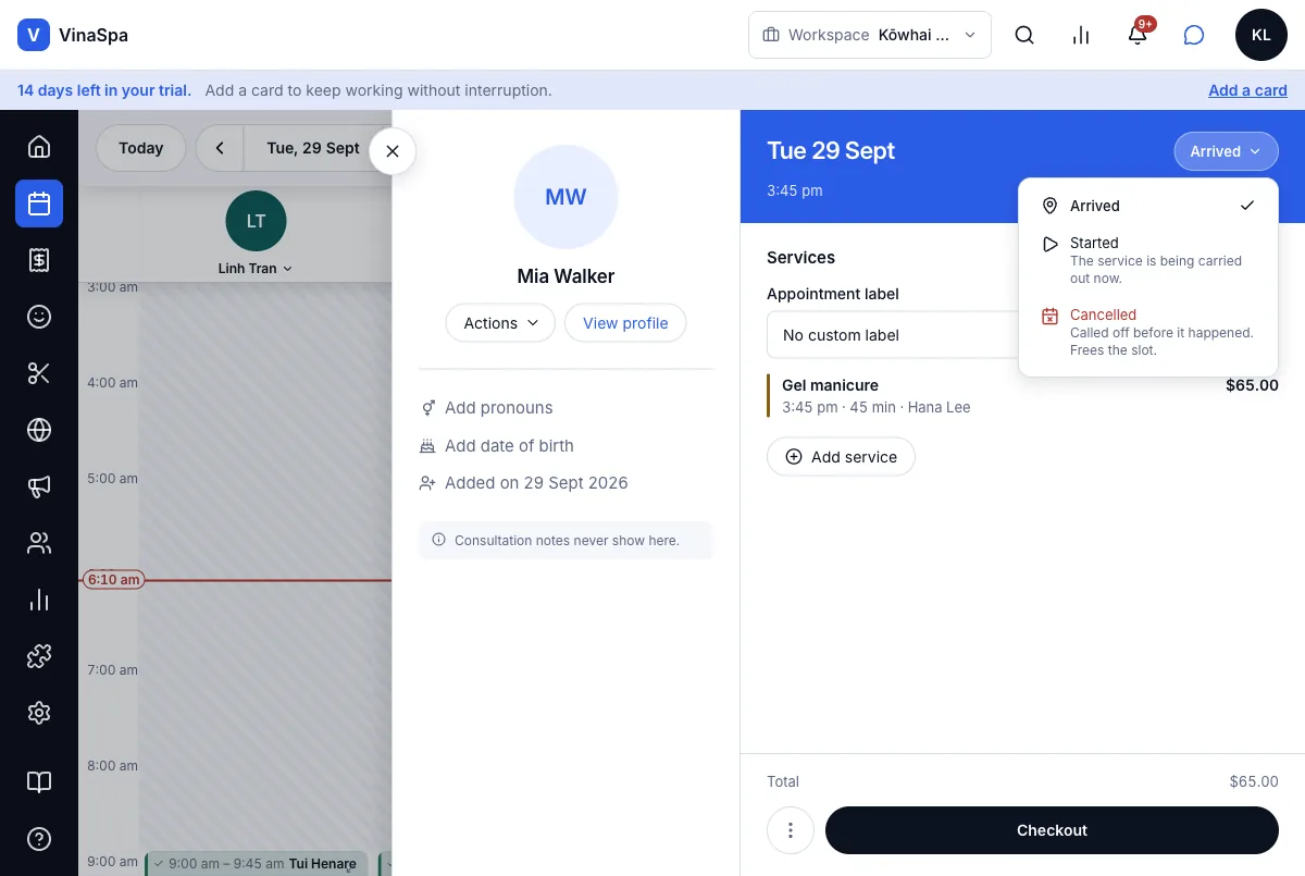 Visit status: arrived, started, finished, no-show — An arrived client: next is Started — Computer