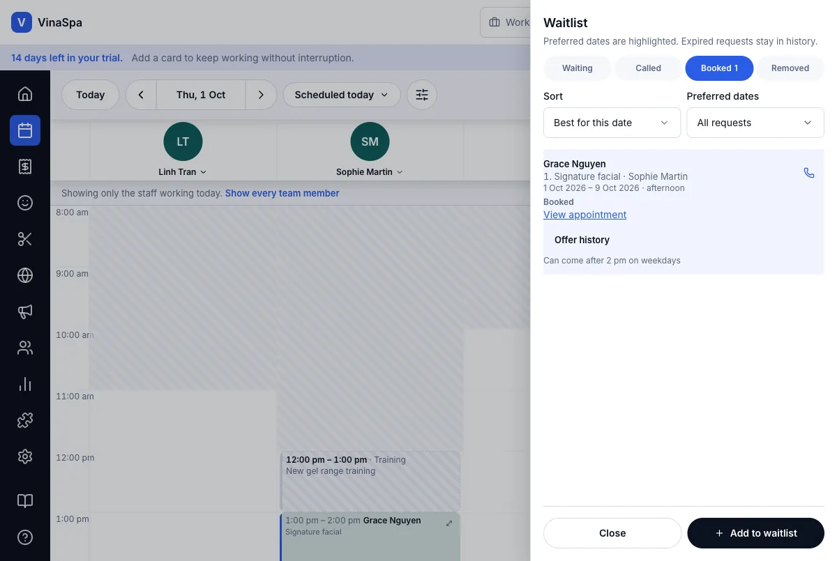 Waitlist, with called and booked status — Result — under Booked, and on the calendar at 1:00 pm — Computer