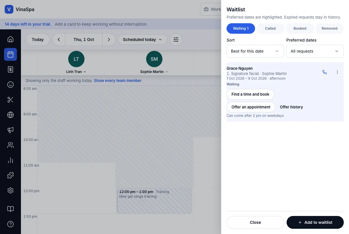 Waitlist, with called and booked status — Result — Grace under Waiting — Computer