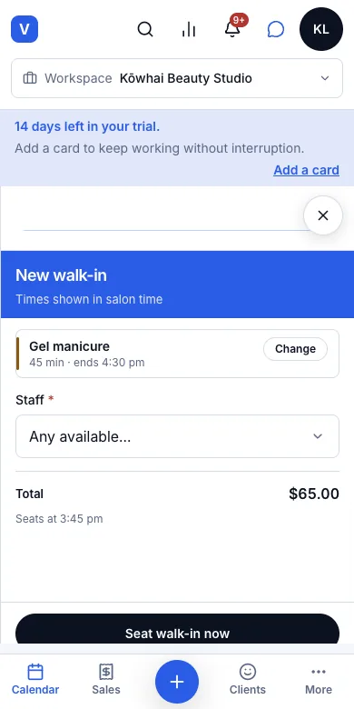Walk-ins, placed in the next free slot — Seats at 3:45 pm, ends 4:30 pm — Phone