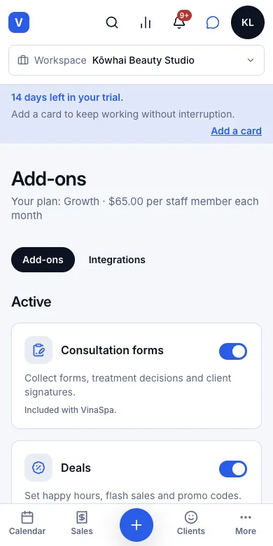 Switch each module on or off for your own salon — Add-ons — everything switched on — Phone