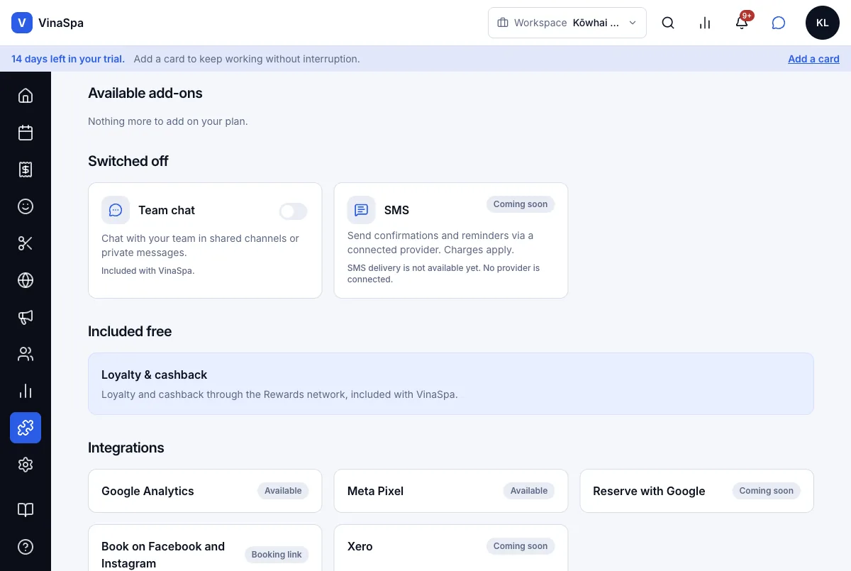 Switch each module on or off for your own salon — Result — Team chat under Switched off — Computer