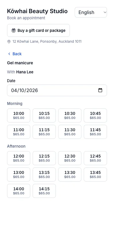 Opening hours per day of the week — Result — the booking page stops at 14:15 on Sunday — Phone