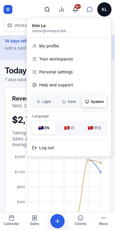 Three languages: English, Vietnamese, Chinese — Your menu — Language: EN, VI, 中文 — Phone