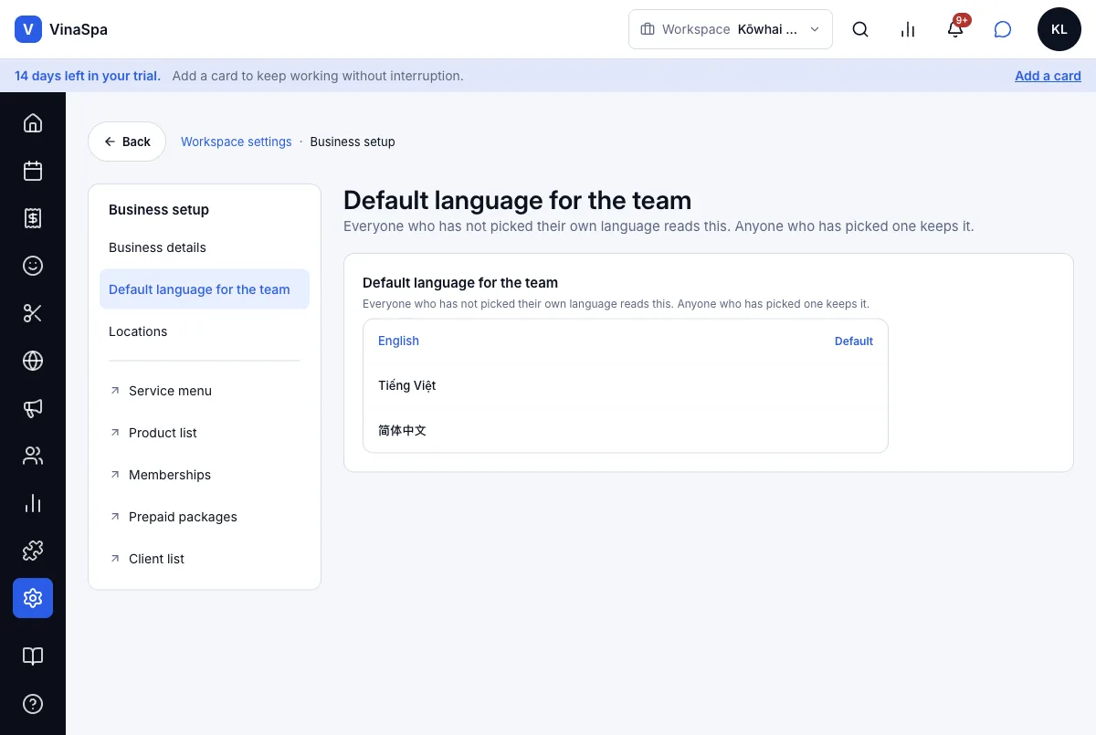 A salon-wide default language each person can override — Default language for the team — Computer