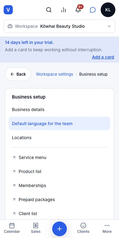 A salon-wide default language each person can override — Default language for the team — Phone