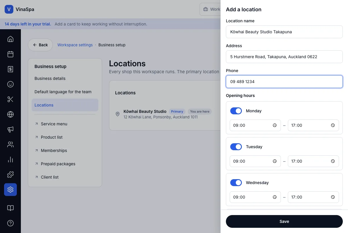 Managing several branches — Add a location — Takapuna — Computer