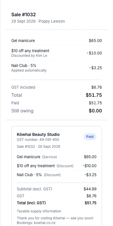 GST: on or off, the number, and printing it on a receipt — Result — sale #1032's receipt — Phone