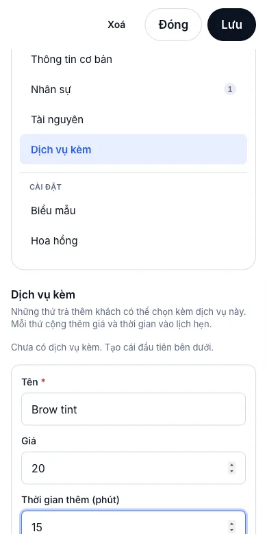 Dịch vụ kèm (extras) khách chọn thêm — Dịch vụ kèm — Brow tint, $20, +15 phút — Điện thoại