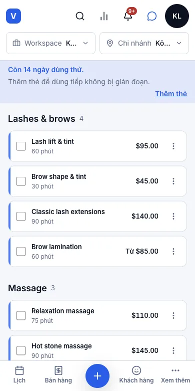 Dịch vụ, danh mục, giá và thời lượng — Kết quả — nằm trong Bảng dịch vụ, mục Lashes & brows — Điện thoại