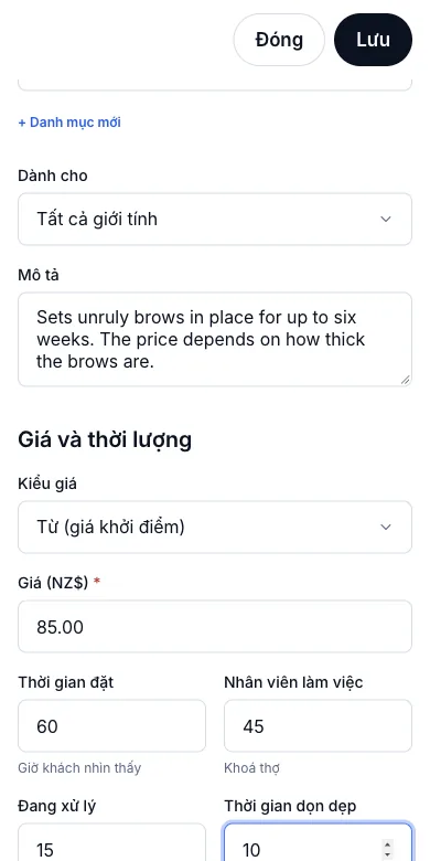 Dịch vụ, danh mục, giá và thời lượng — Dịch vụ mới — Brow lamination — Điện thoại