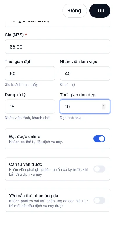 Tách 4 mốc thời gian: đặt / thợ làm / chờ thuốc / dọn dẹp — Giá và thời lượng — bốn mốc thời gian — Điện thoại