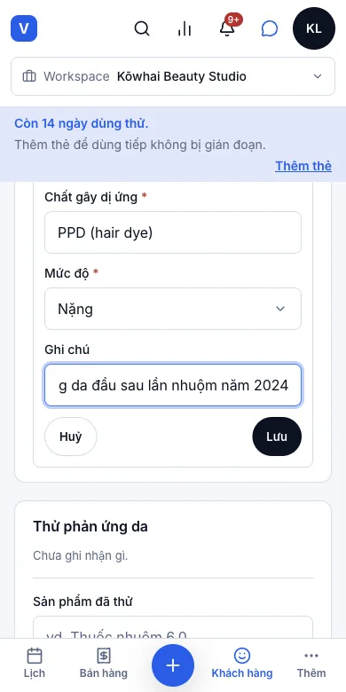 Dị ứng và ghi chú y tế — PPD, mức nặng — Điện thoại