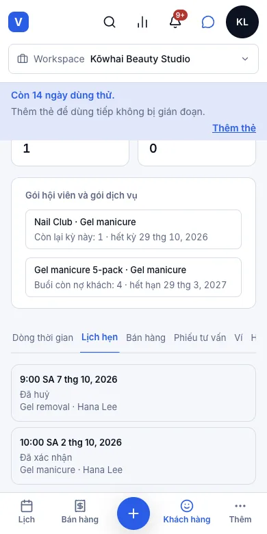 Lịch sử làm dịch vụ và lịch sử chi tiêu — Lịch hẹn — một đã xác nhận, một đã huỷ — Điện thoại