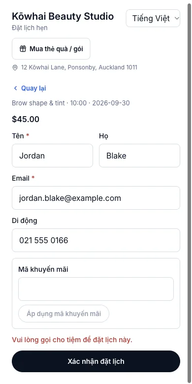Chặn khách, và chặn thật cả trên trang đặt lịch online — Jordan thử đặt lịch online — Điện thoại