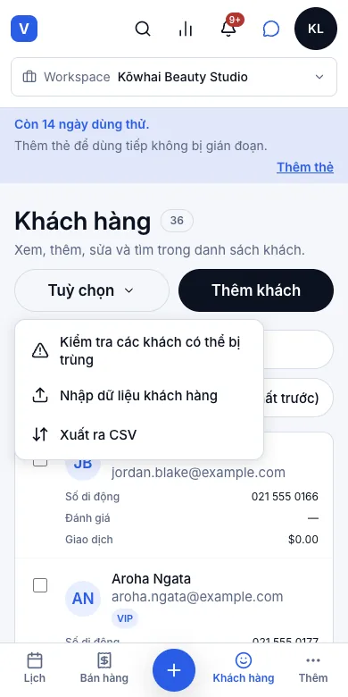 Xuất danh sách khách ra CSV — Tuỳ chọn → Xuất ra CSV — Điện thoại